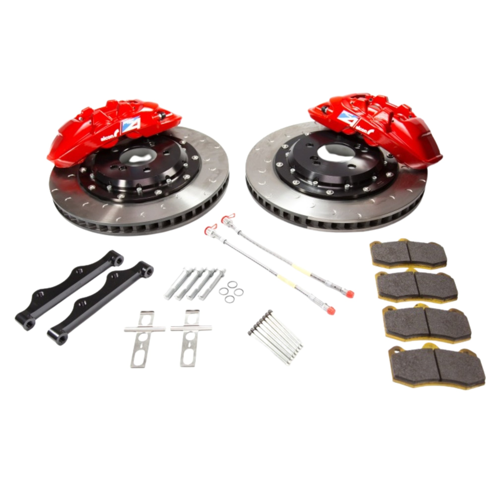 NIssan GTR Alcon Car brake system components including rotors, calipers, and pads on a white background