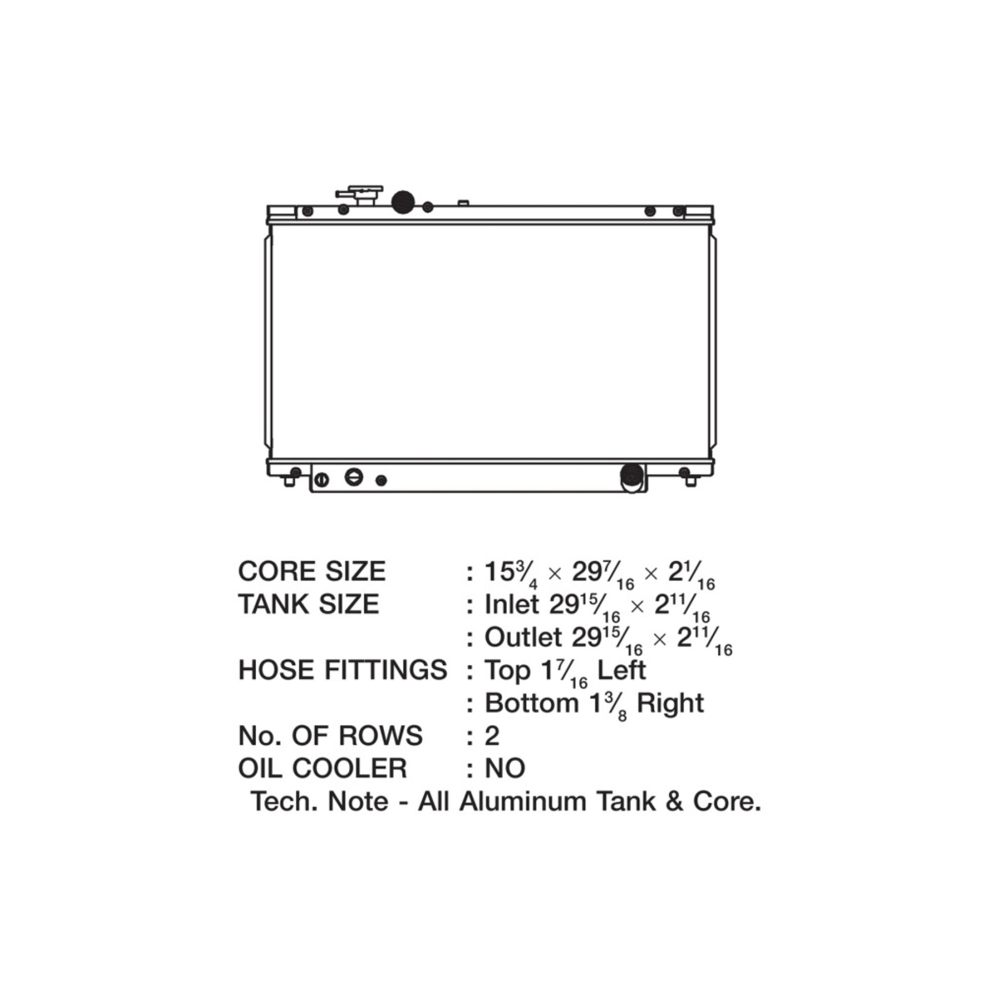 Technical diagram of a radiator with dimensions and fitting details on a white background