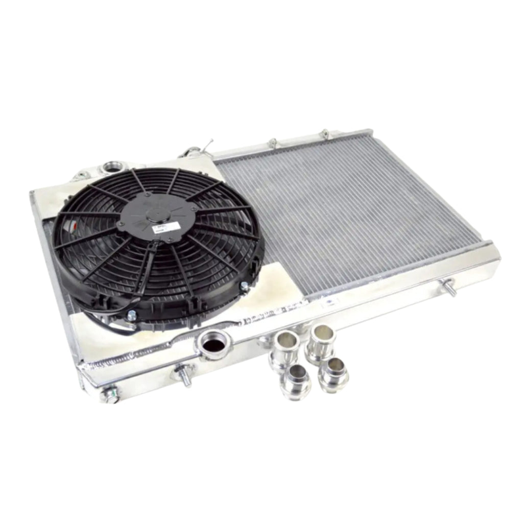 Radiator with fan and mounting bolts on a white background