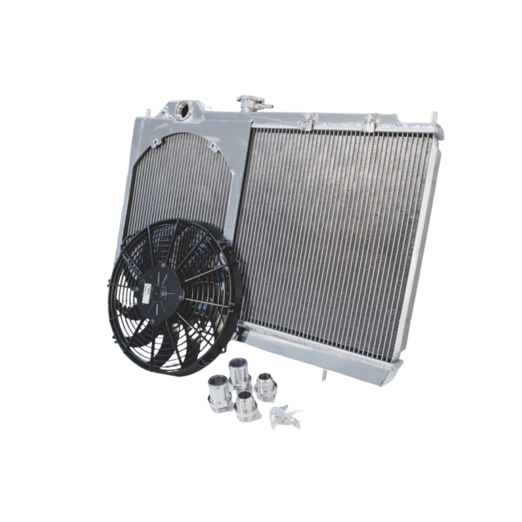 Car radiator with fan and mounting hardware on a white background