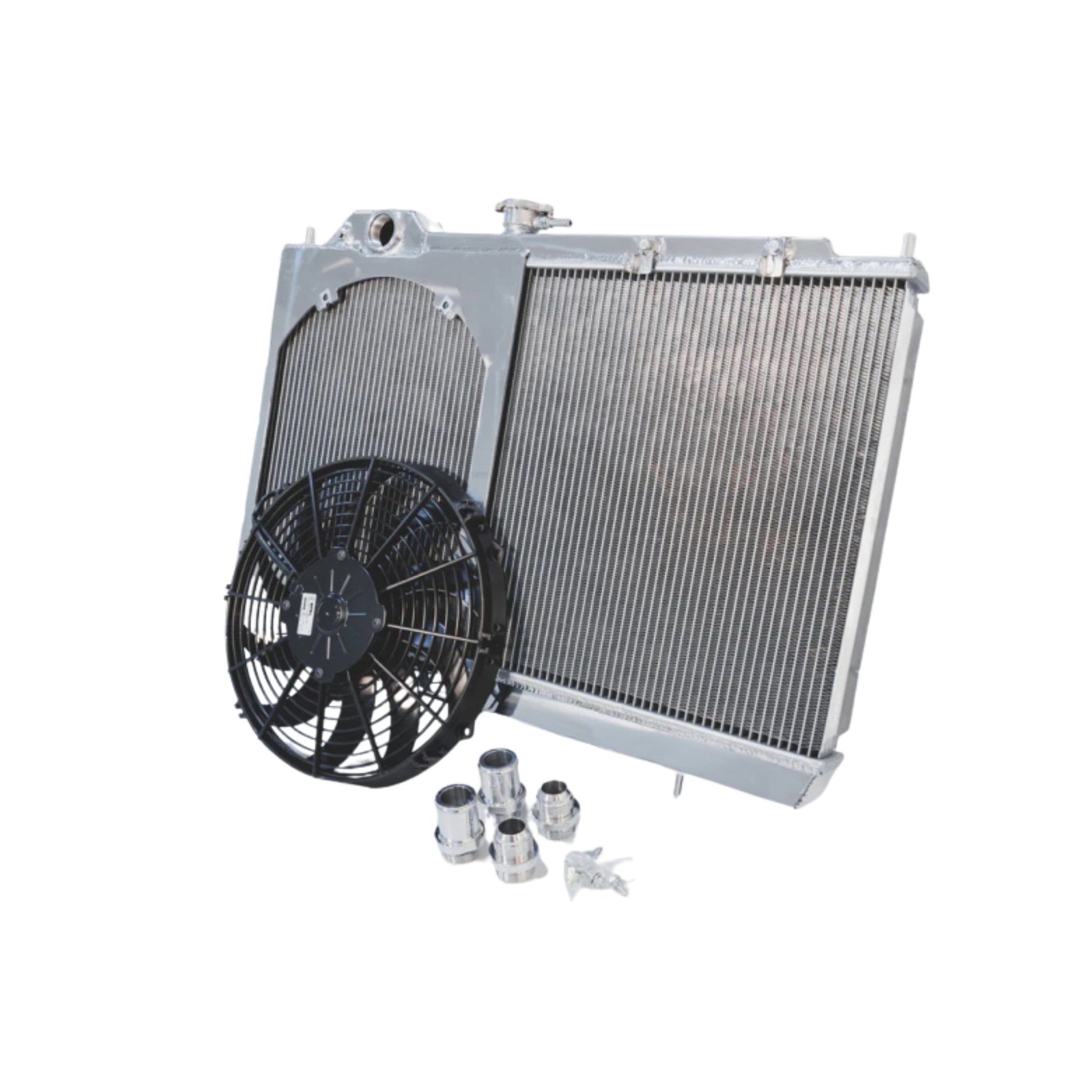 Car radiator with fan and mounting hardware on a white background