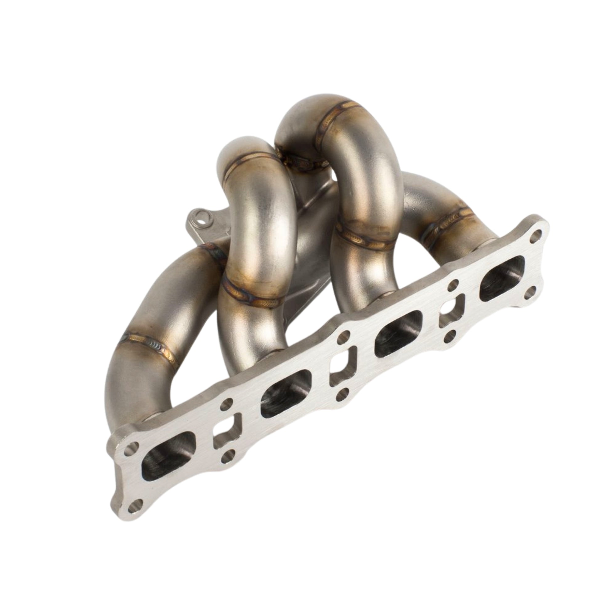 Metallic exhaust manifold with pipes on a white background