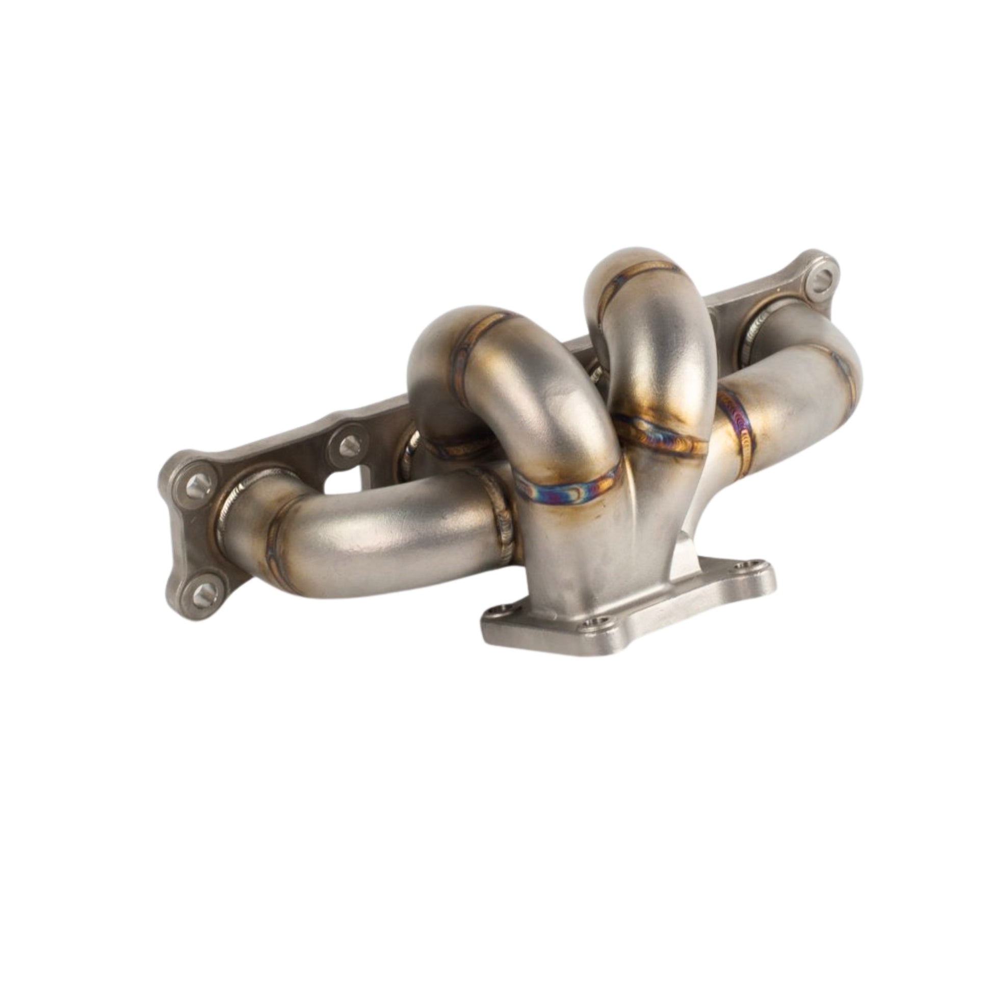 Mitsubishi exhaust manifold on a white background from back view