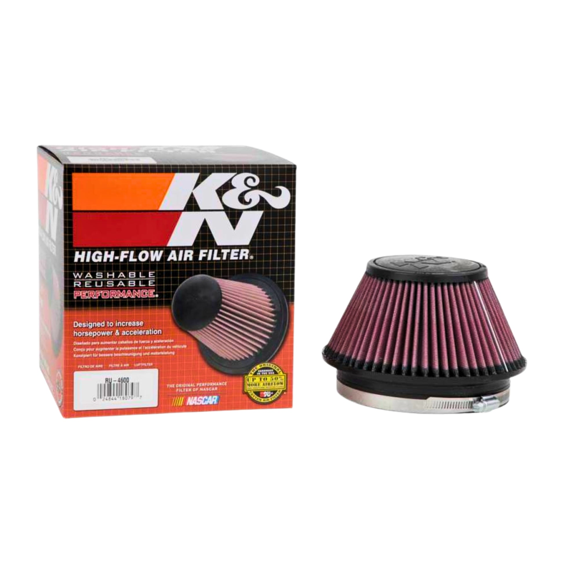 K&N high-flow air filter with packaging on a white background