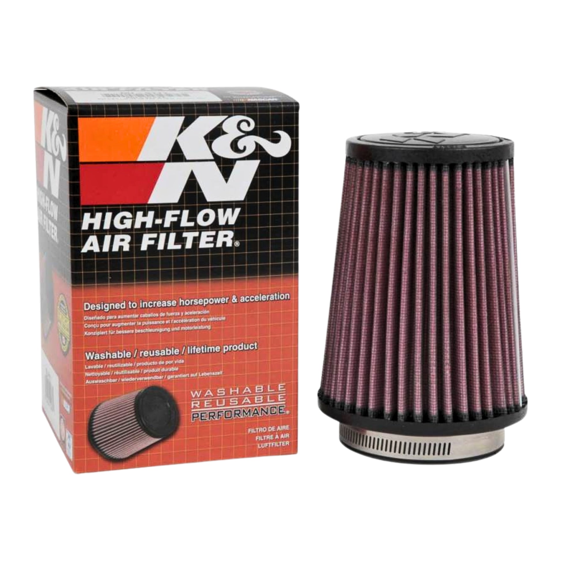 Front view of K&N cone air filter with tapered rubber base