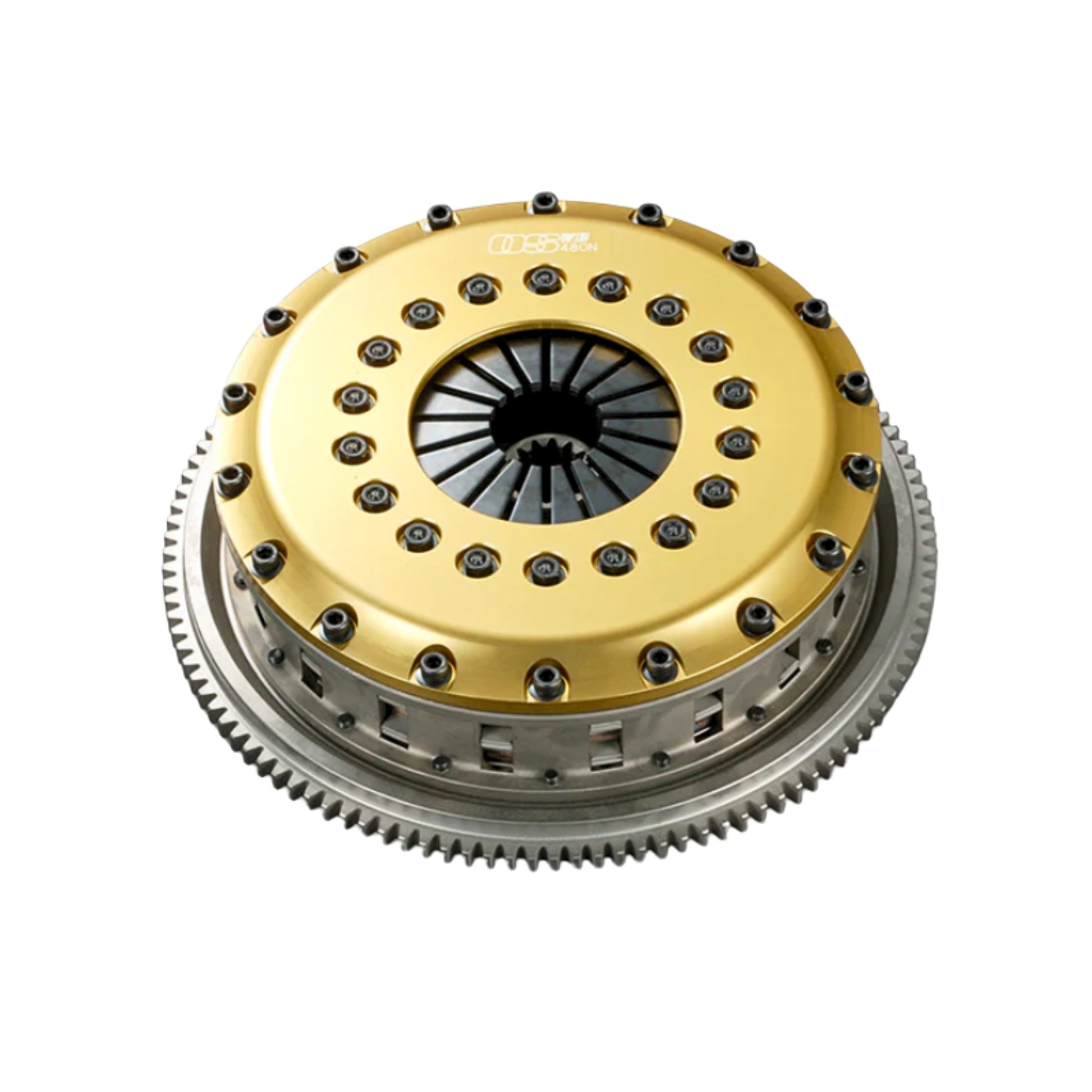 Clutch disc with gold and silver metallic finish on a white background