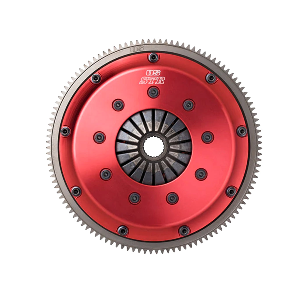 Red and gray clutch disc with OS Giken branding on a white background