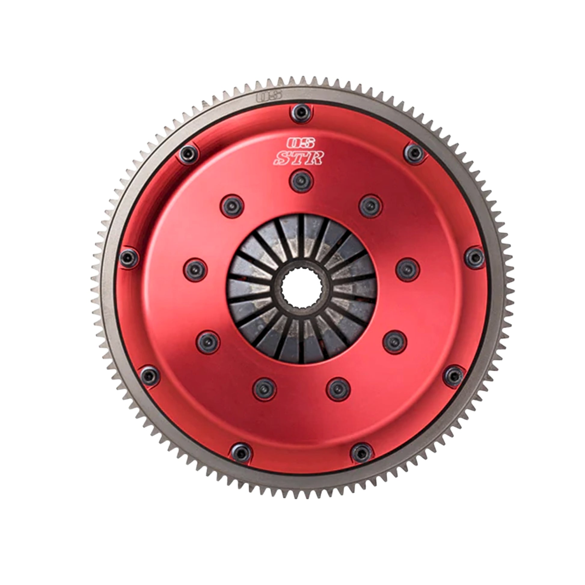 Red and gray clutch disc with OS Giken branding on a white background