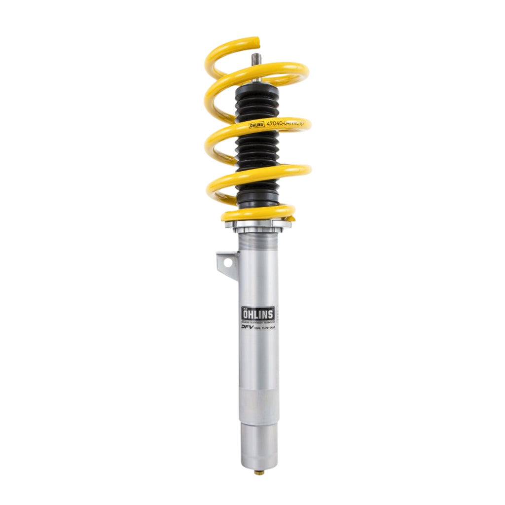 Ohlins shock absorber with yellow coil spring on a white background