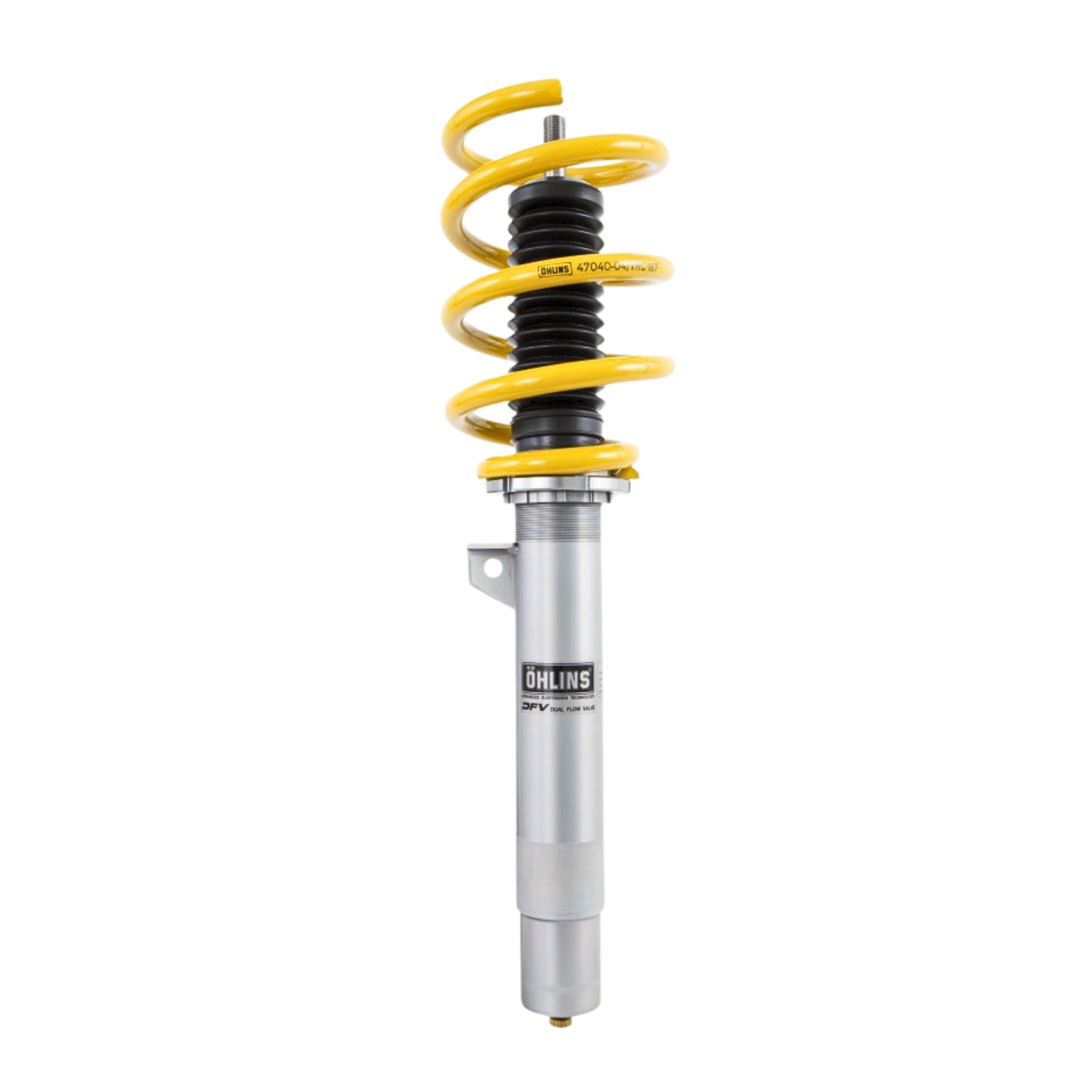 Ohlins shock absorber with yellow coil spring on a white background