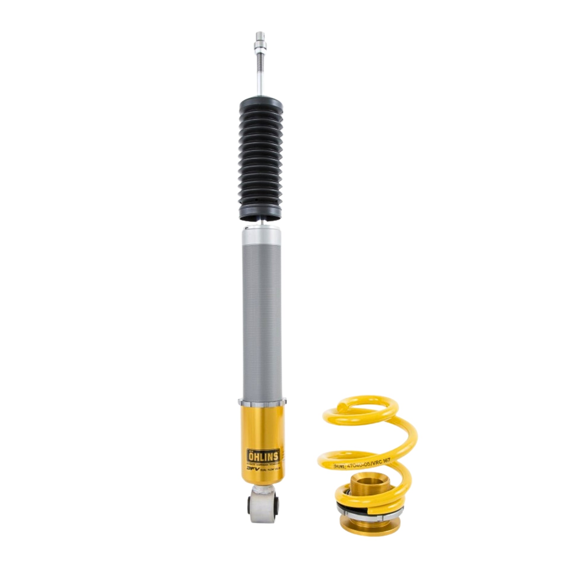 Shock absorber with yellow coil spring on a white background