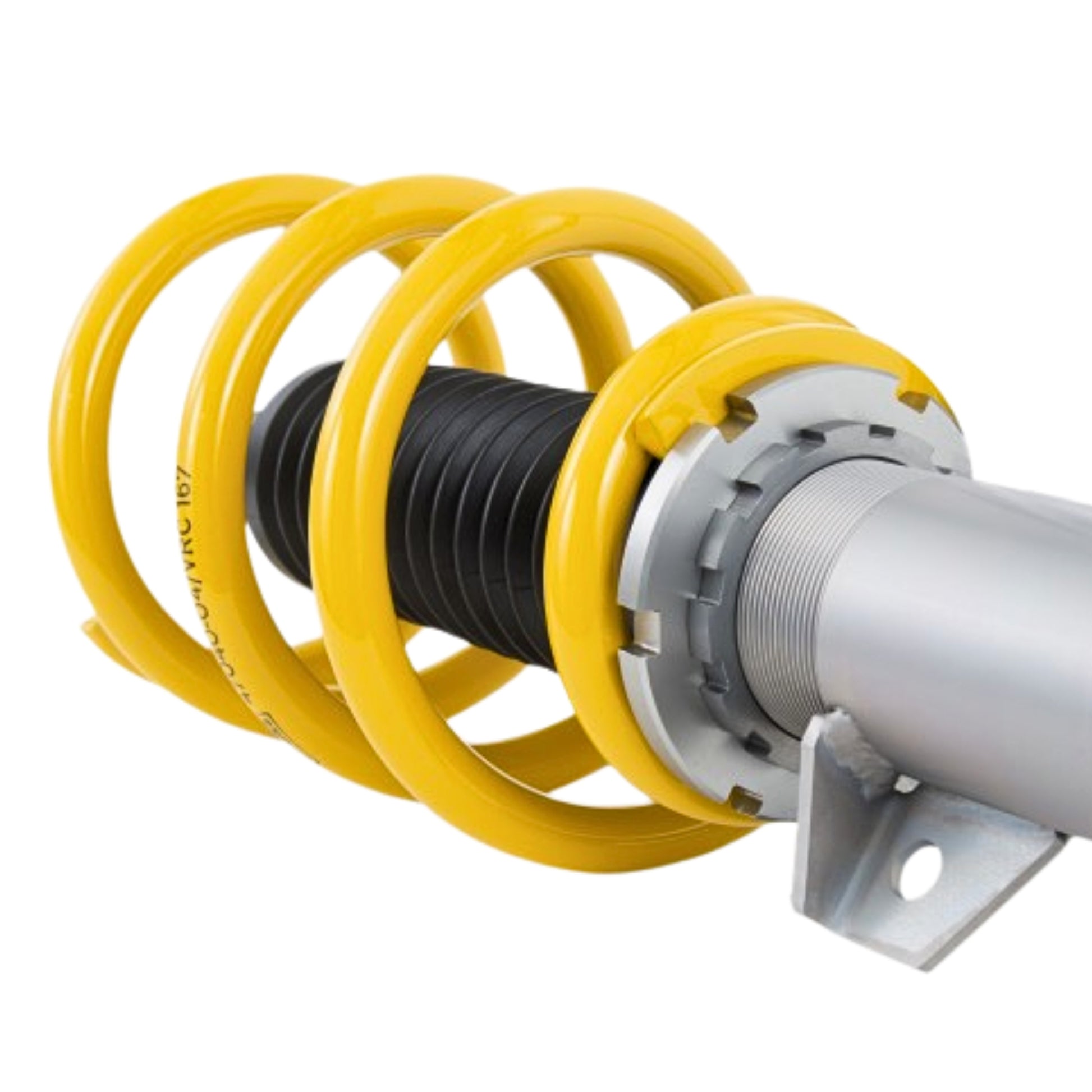 Close-up of a yellow shock absorber on a white background