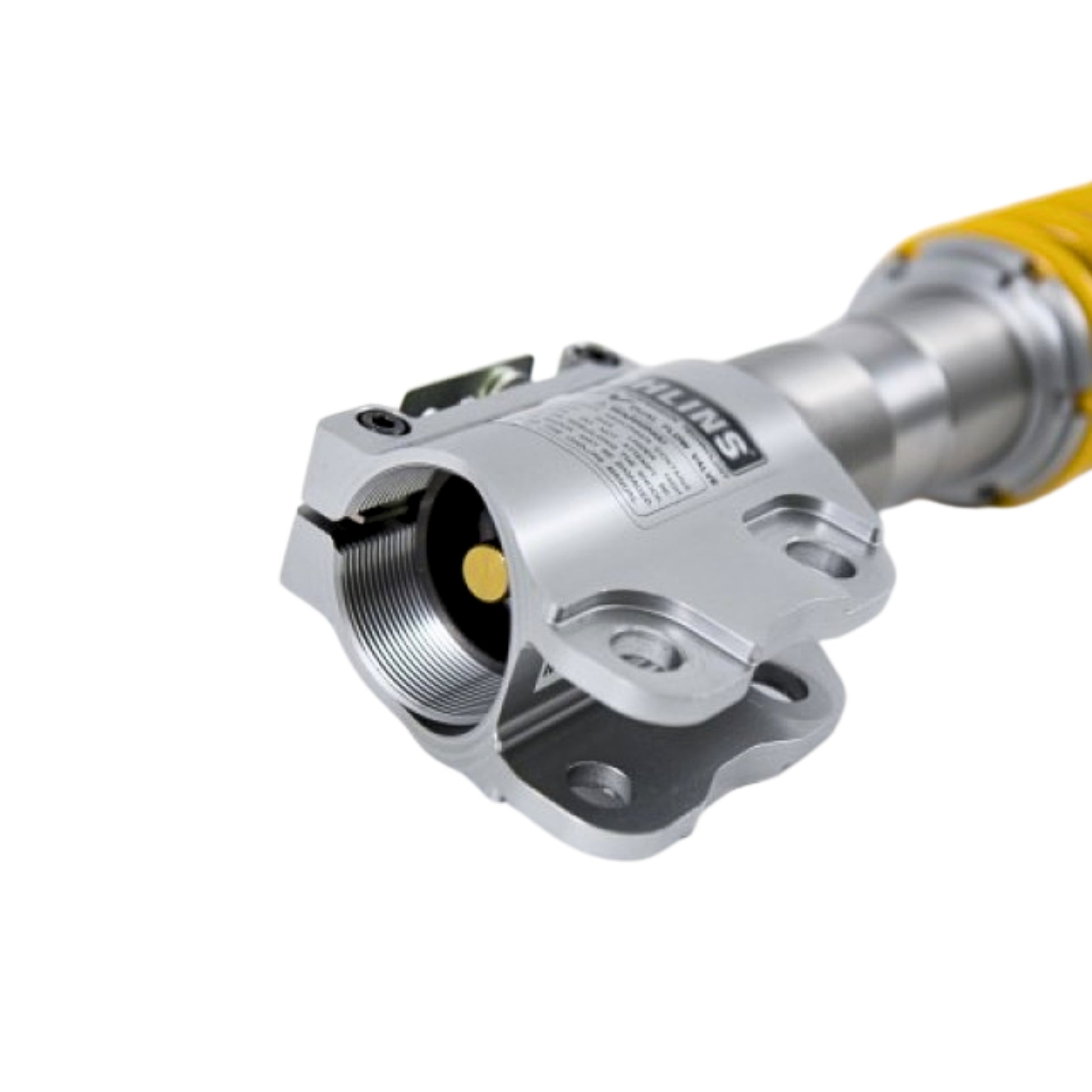 Metallic valve or connector with a yellow handle on a white background