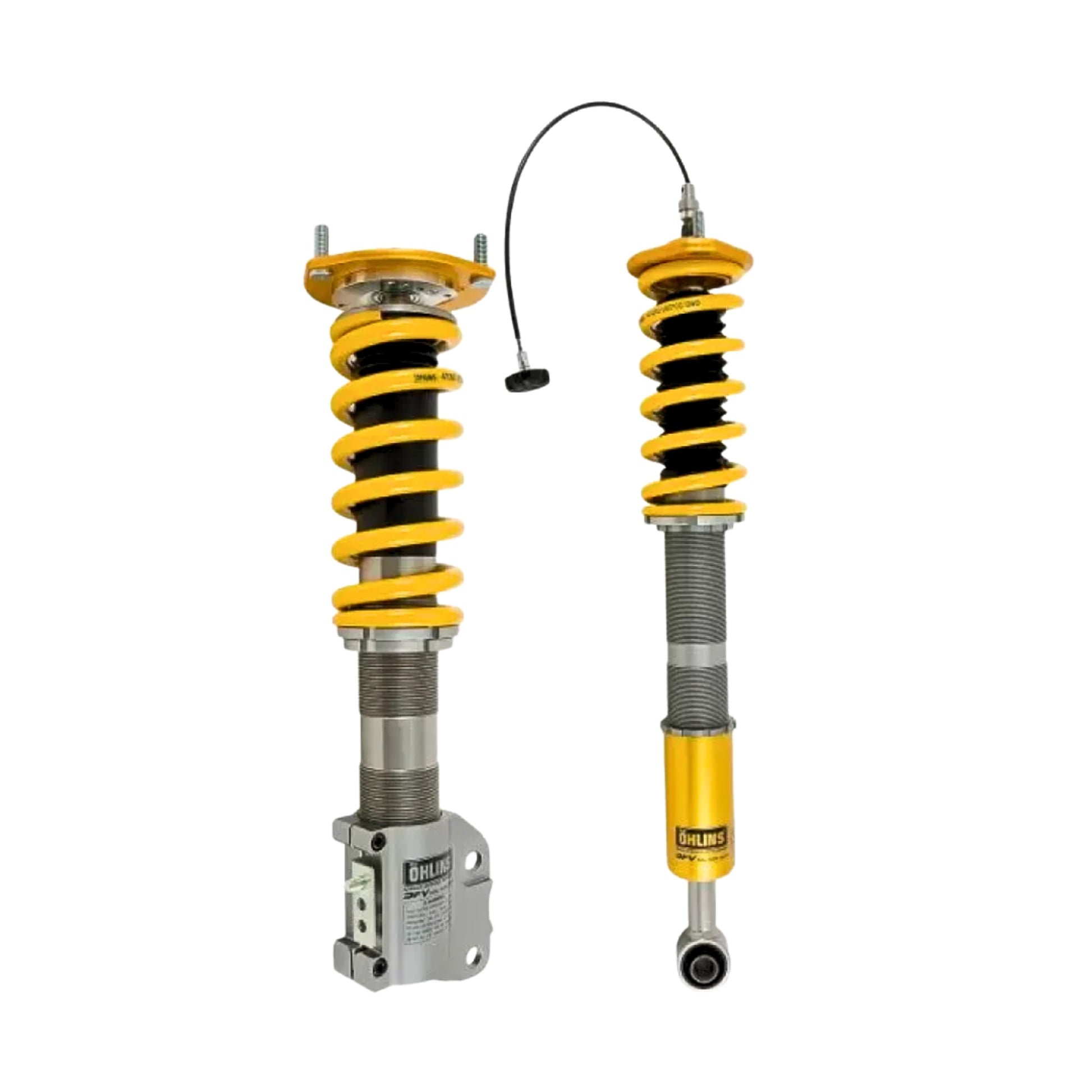 Pair of yellow and black Ohlins coilovers on a white background