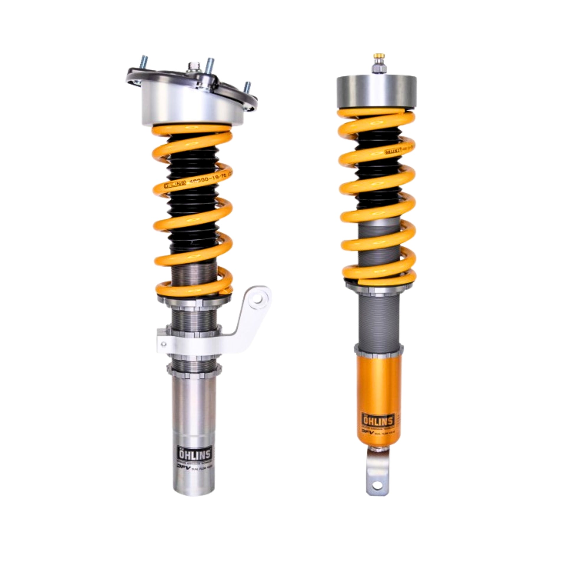 Two shock absorbers with yellow springs on a white background