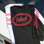 Black t-shirt with red and white checkered border and 'Select Speed Shop' logo on a car hood.