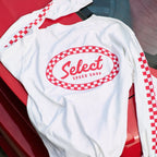 White sweatshirt with red checkered border and 'Select Speed Shop' text on a red car background